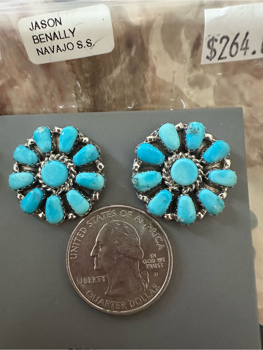 Navajo Jason Benally Kingman Turquoise Cluster Sterling Silver Earrings 🦋🩵